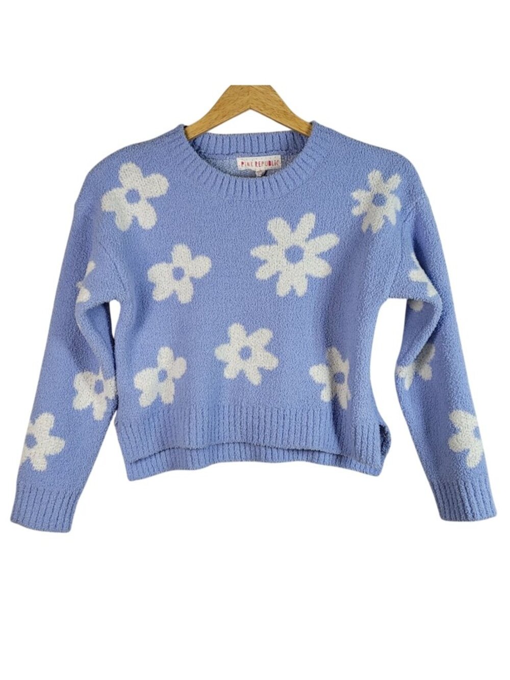 Pink Republic Girls Chenille Sweater Blue Large Long Sleeve Pullover Flowers